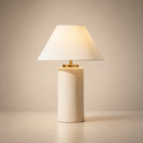 glazed terracotta ceramic table lamp with wheat linen shade