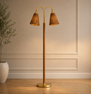 Hudson Valley Ruthin 60-inch two-light floor lamp in aged brass with rattan shades